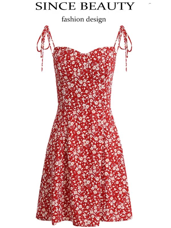 Floral Spaghetti Strap Short Red Dress - French Style Summer Dress 2025 for Women - Vacation Ready Fashion