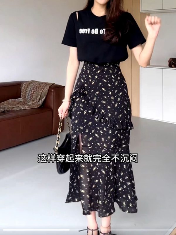 Floral Spliced Two-Piece Dress for Women - Plus Size Slimming Cover-Up, Summer Split Design, Trendy Y2K Style