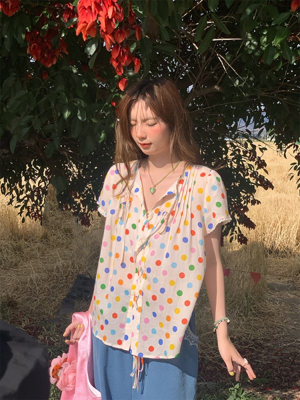 Floral Star Dots Shoulder Cross Strap Short Sleeve Shirt Women's Summer Loose Doll Top - Vintage 90s Style Fashion