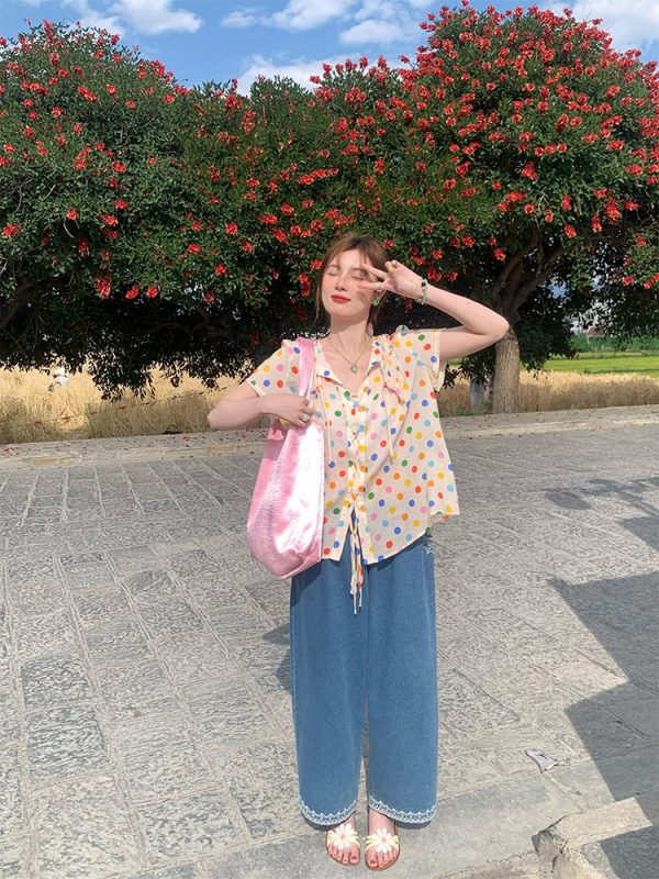 Floral Star Dots Shoulder Cross Strap Short Sleeve Shirt Women's Summer Loose Doll Top - Vintage 90s Style Fashion