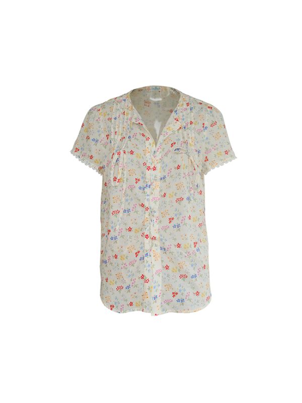 Floral Star Dots Shoulder Cross Strap Short Sleeve Shirt Women's Summer Loose Doll Top - Vintage 90s Style Fashion