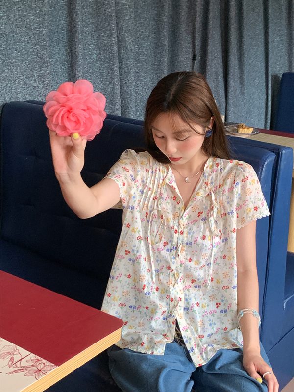 Floral Star Dots Shoulder Cross Strap Short Sleeve Shirt Women's Summer Loose Doll Top - Vintage 90s Style Fashion