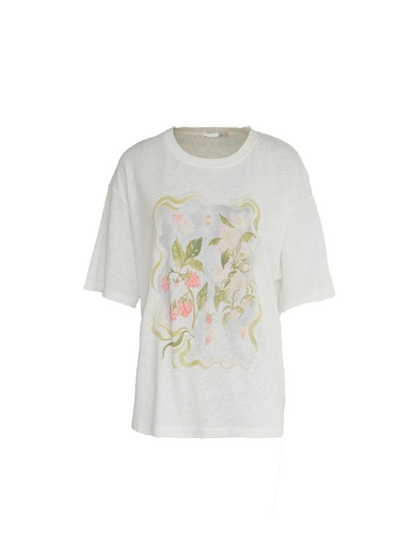 Flower Wish Berry Print White Linen Bamboo Short Sleeve T-Shirt for Women - Summer Loose Fit Vintage Style Top
