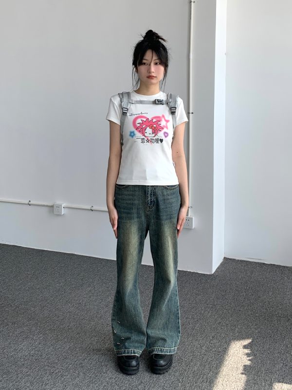 Forget Love Y2K Cartoon Graphic Slim-Fit White T-Shirt for Women - Casual Short Sleeve Tee