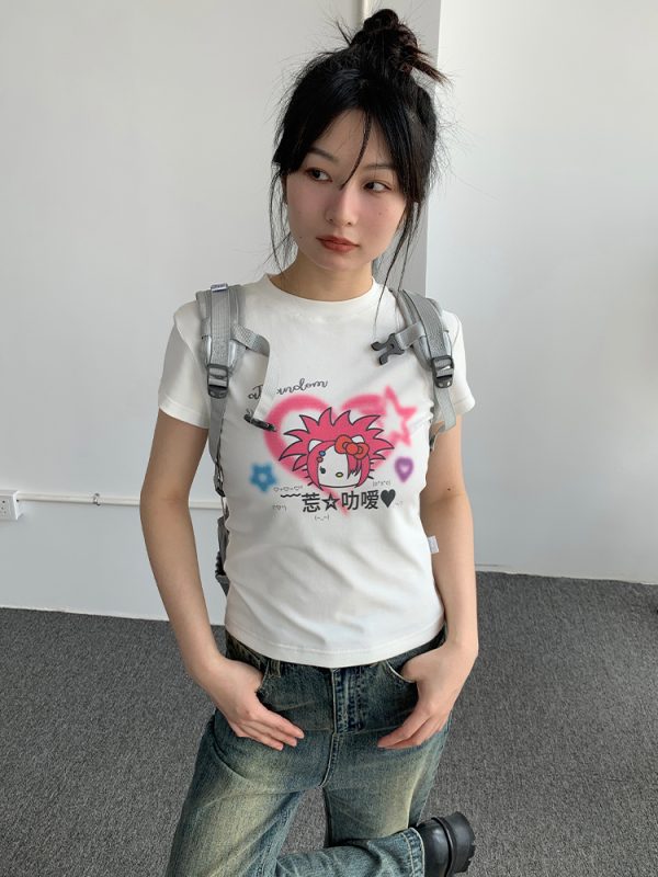 Forget Love Y2K Cartoon Graphic Slim-Fit White T-Shirt for Women - Casual Short Sleeve Tee