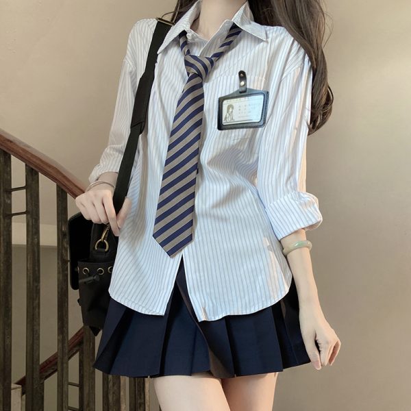 Four-Piece JK Uniform Set for Women: Striped Long Sleeve Shirt, Loose Fit, Pleated Skirt - Trendy 2024 Autumn Style