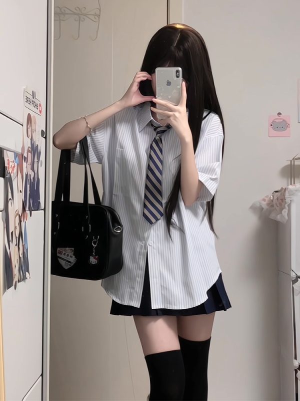 Four-Piece JK Uniform Set for Women: Striped Long Sleeve Shirt, Loose Fit, Pleated Skirt - Trendy 2024 Autumn Style