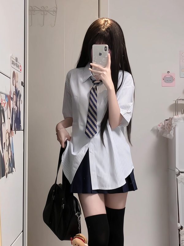 Four-Piece JK Uniform Set for Women: Striped Long Sleeve Shirt, Loose Fit, Pleated Skirt - Trendy 2024 Autumn Style