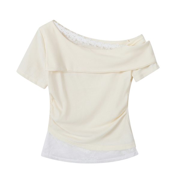 Fragrant Taro Purple Women's Summer Short Sleeve Top with Lace Trim - Irregular Waist Faux Two-Piece T-Shirt, Y2K Style