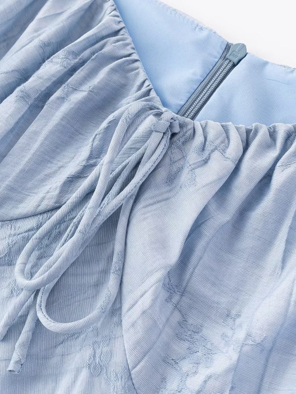 French Blue Jacquard Puff Sleeve Dress for Women - 2025 Summer Asymmetrical Long Skirt, Resort Style, Elegant Fashion