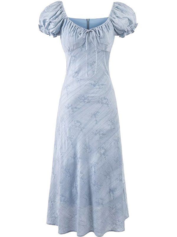 French Blue Jacquard Puff Sleeve Dress for Women - 2025 Summer Asymmetrical Long Skirt, Resort Style, Elegant Fashion