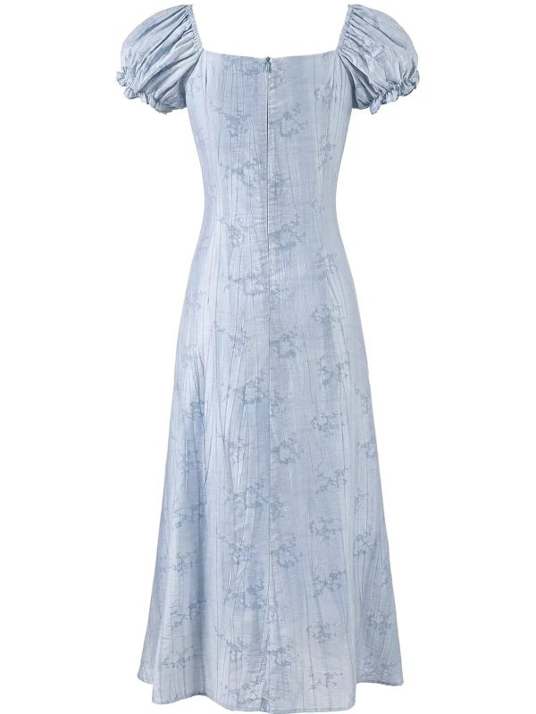 French Blue Jacquard Puff Sleeve Dress for Women - 2025 Summer Asymmetrical Long Skirt, Resort Style, Elegant Fashion