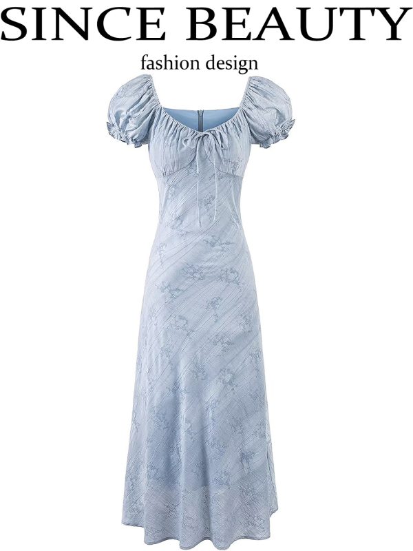 French Blue Jacquard Puff Sleeve Dress for Women - 2025 Summer Asymmetrical Long Skirt, Resort Style, Elegant Fashion