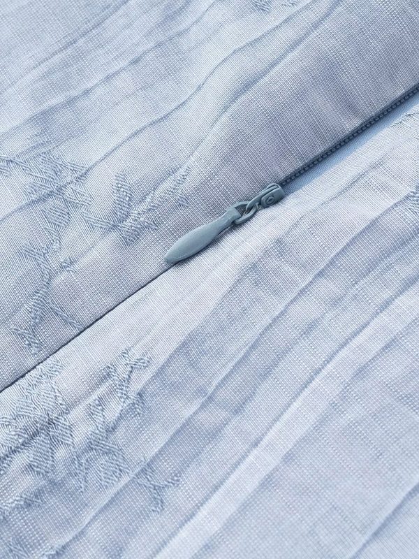 French Blue Jacquard Puff Sleeve Dress for Women - 2025 Summer Asymmetrical Long Skirt, Resort Style, Elegant Fashion