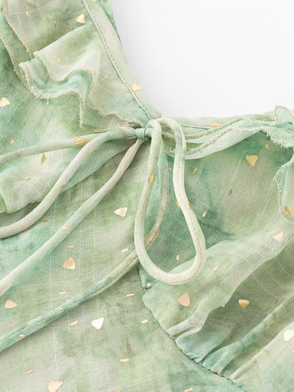French Green Gradient V-Neck Dress for Women - Summer 2025 Long Vacation Style Dress, Trendy and Stylish