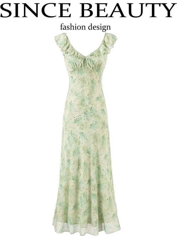 French Green Gradient V-Neck Dress for Women - Summer 2025 Long Vacation Style Dress, Trendy and Stylish