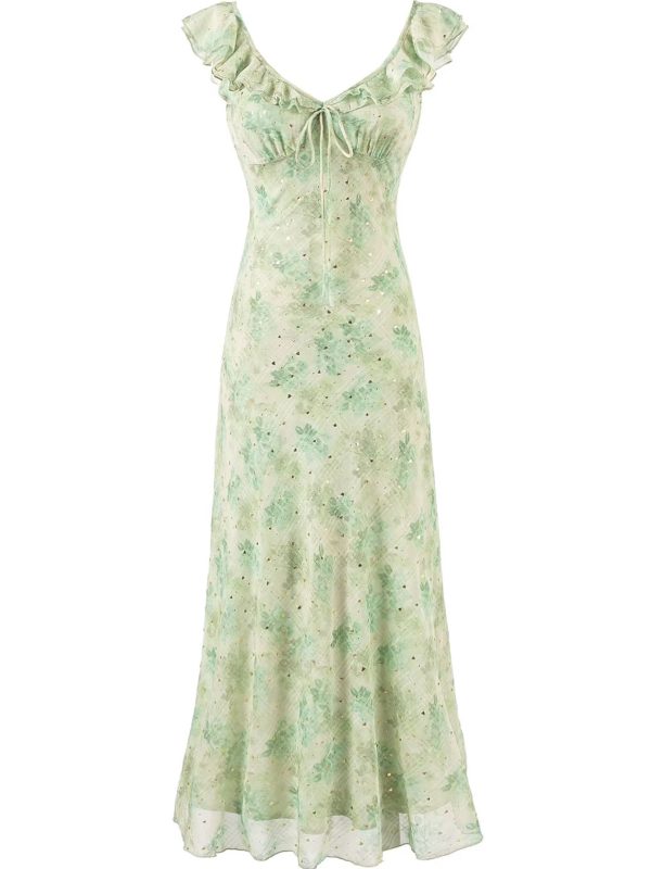 French Green Gradient V-Neck Dress for Women - Summer 2025 Long Vacation Style Dress, Trendy and Stylish