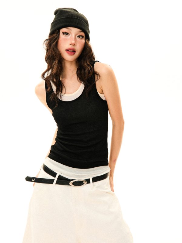 French Layered Faux Two-Piece Camisole for Women â€“ Slim Fit Summer Outerwear, Flattering Short Top, Chic Layered Style