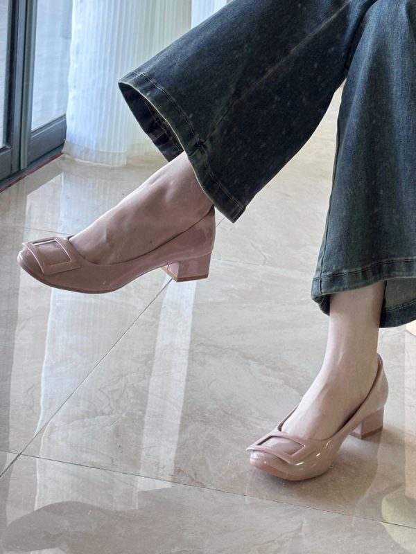 French Nude Pink Sheepskin High Heels with Square Buckle, Round Toe, Chunky Commuting Style, Versatile Shallow Mouth Footwear