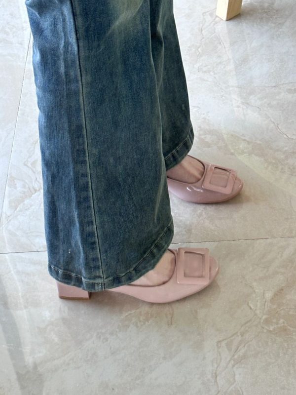 French Nude Pink Sheepskin High Heels with Square Buckle, Round Toe, Chunky Commuting Style, Versatile Shallow Mouth Footwear