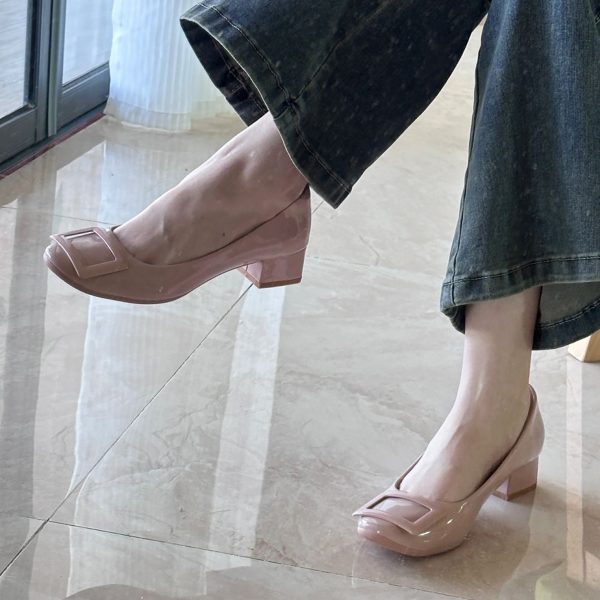 French Nude Pink Sheepskin High Heels with Square Buckle, Round Toe, Chunky Commuting Style, Versatile Shallow Mouth Footwear