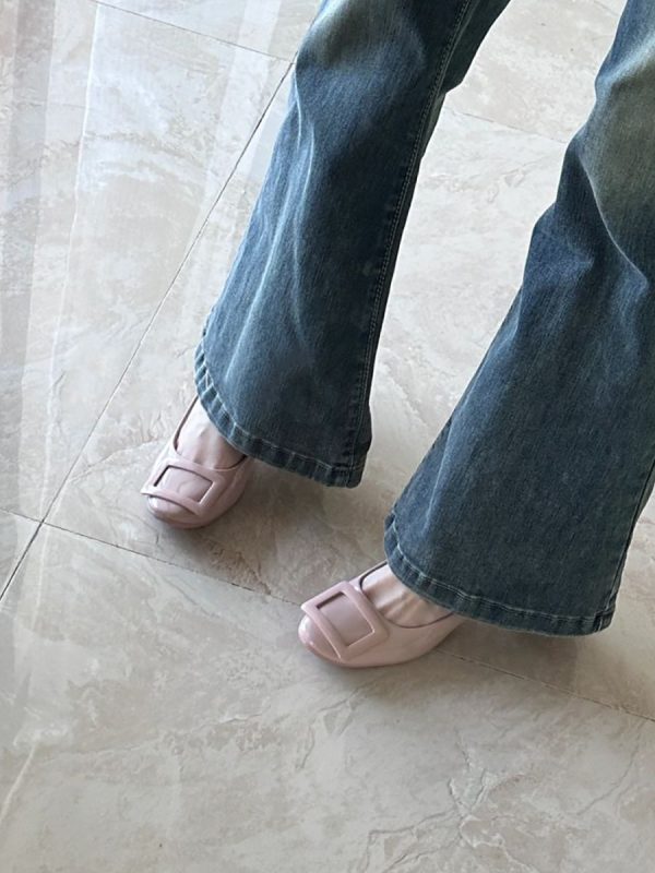 French Nude Pink Sheepskin High Heels with Square Buckle, Round Toe, Chunky Commuting Style, Versatile Shallow Mouth Footwear