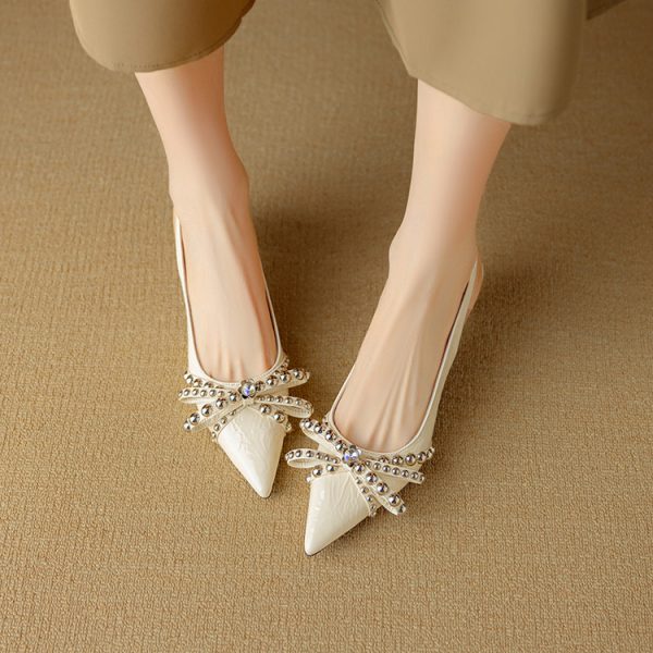 French Pointed Toe Bow Tie Open Toe Sandals for Women - Summer Style with Thin Heel and Shallow Mouth Flats