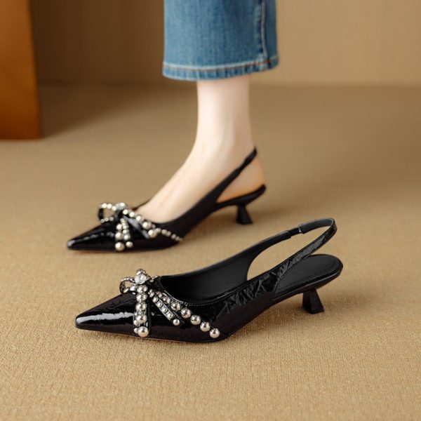 French Pointed Toe Bow Tie Open Toe Sandals for Women - Summer Style with Thin Heel and Shallow Mouth Flats
