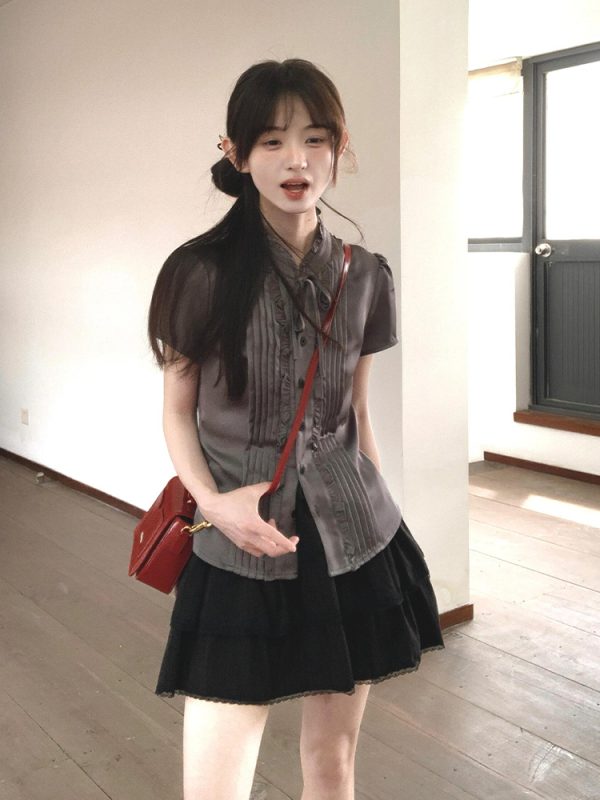 French-Style Fitted Short-Sleeve Shirt for Women - Slimming Summer College Top, High-Quality Casual Fashion
