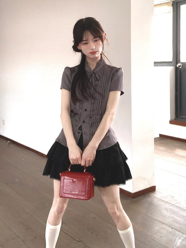 French-Style Fitted Short-Sleeve Shirt for Women - Slimming Summer College Top, High-Quality Casual Fashion