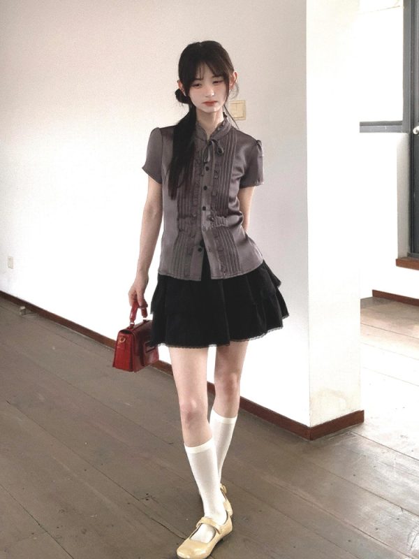 French-Style Fitted Short-Sleeve Shirt for Women - Slimming Summer College Top, High-Quality Casual Fashion