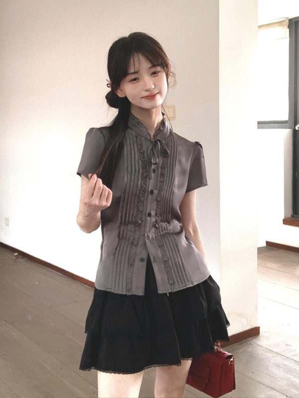 French-Style Fitted Short-Sleeve Shirt for Women - Slimming Summer College Top, High-Quality Casual Fashion