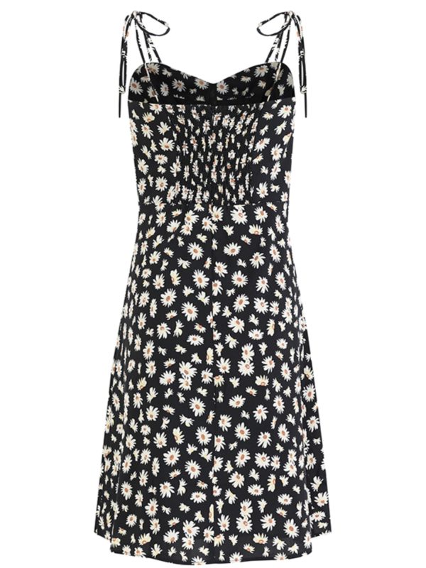 French Style Floral Spaghetti Strap Black Dress with Daisy Print - 2025 Summer Women's Vacation Dress
