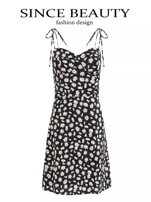 French Style Floral Spaghetti Strap Black Dress with Daisy Print - 2025 Summer Women's Vacation Dress