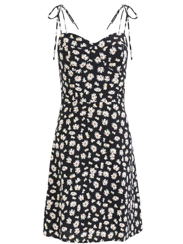 French Style Floral Spaghetti Strap Black Dress with Daisy Print - 2025 Summer Women's Vacation Dress