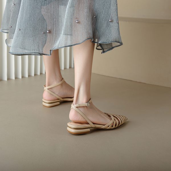 French Style Genuine Leather Retro Pointed Low Chunky Heel Roman Sandals for Women - Artistic Pig Cage Summer Shoes