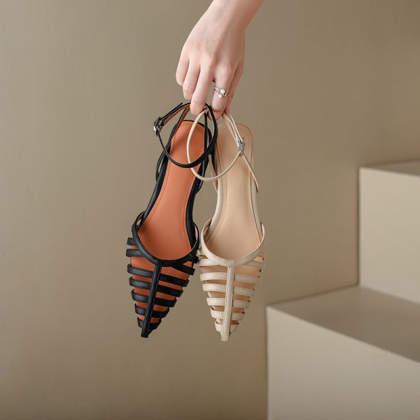 French Style Genuine Leather Retro Pointed Low Chunky Heel Roman Sandals for Women - Artistic Pig Cage Summer Shoes