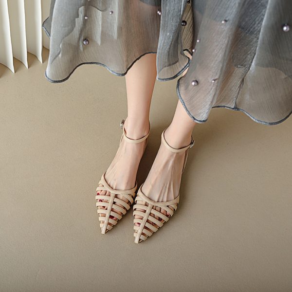French Style Genuine Leather Retro Pointed Low Chunky Heel Roman Sandals for Women - Artistic Pig Cage Summer Shoes