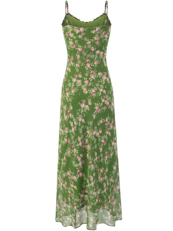 French Style Green Floral Long Spaghetti Strap Dress for Women - Summer 2025 Vacation Fashion