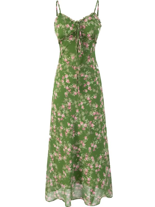 French Style Green Floral Long Spaghetti Strap Dress for Women - Summer 2025 Vacation Fashion