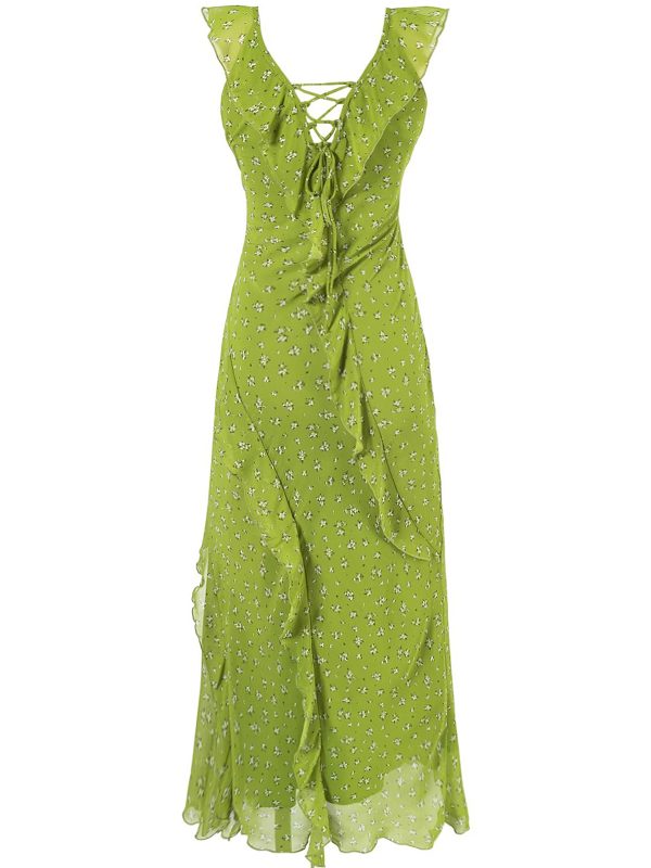 French Style Green Floral Spaghetti Strap Dress for Women - 2025 Summer Vacation Long Skirt with Diagonal Cut