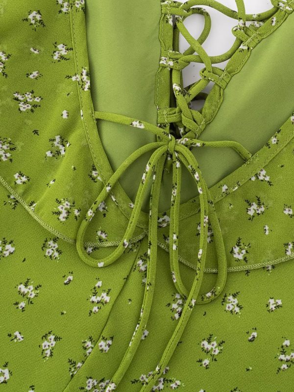 French Style Green Floral Spaghetti Strap Dress for Women - 2025 Summer Vacation Long Skirt with Diagonal Cut