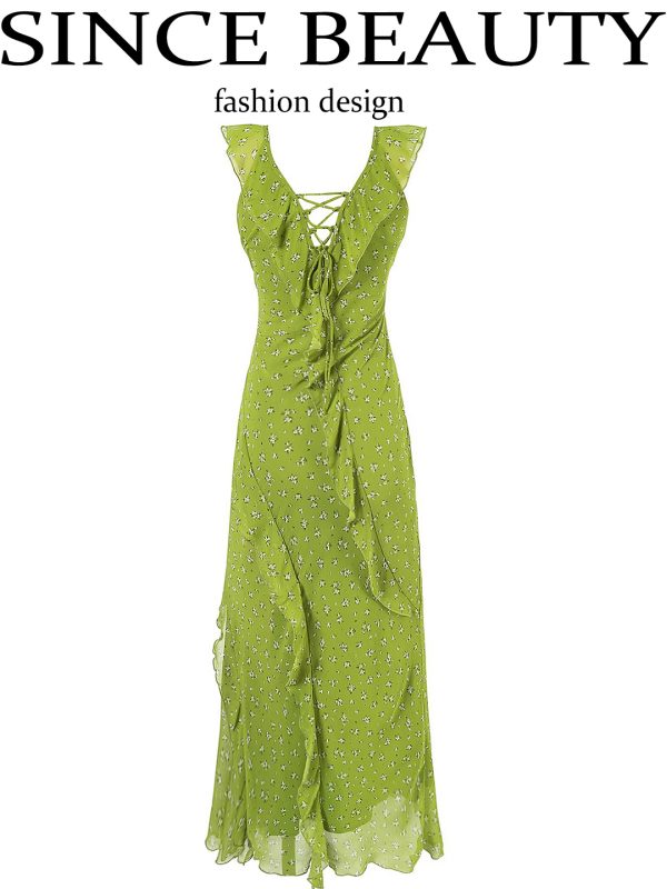 French Style Green Floral Spaghetti Strap Dress for Women - 2025 Summer Vacation Long Skirt with Diagonal Cut
