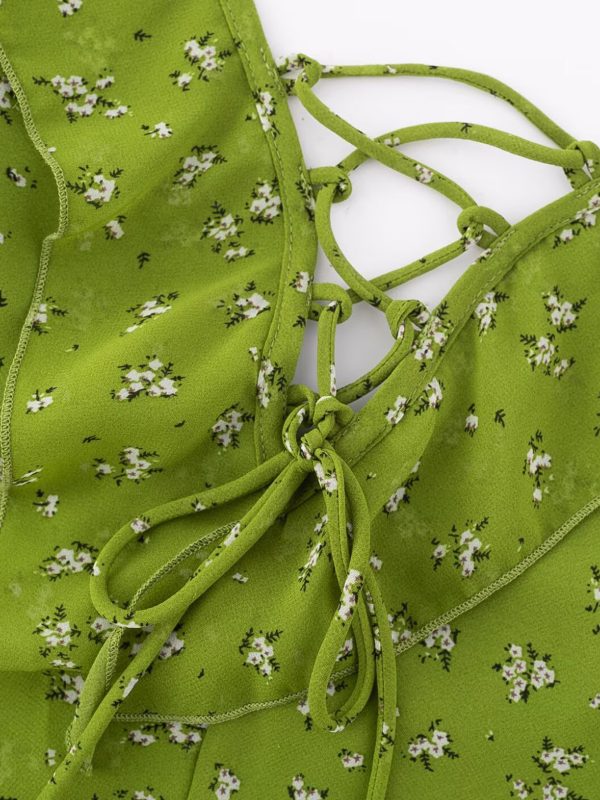 French Style Green Floral Spaghetti Strap Dress for Women - 2025 Summer Vacation Long Skirt with Diagonal Cut