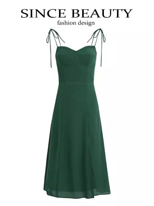 French Style Green Summer Dress 2025 with Side Slit and Spaghetti Straps - Women's Vacation Maxi Dress