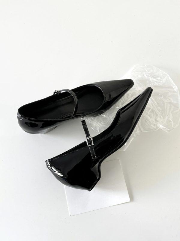 French Style One-Strap Chunky Heel Mary Jane Shoes, Pointed Toe, Shallow Mouth, Sheepskin Commuting High Heels
