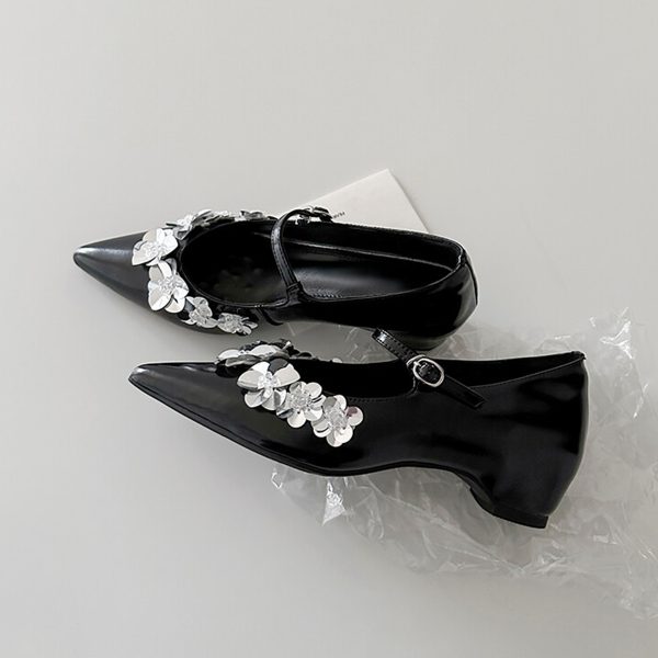 French Style One-Strap Chunky Heel Mary Jane Shoes, Pointed Toe, Shallow Mouth, Sheepskin Commuting High Heels