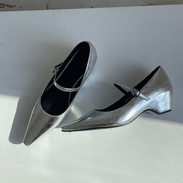 French Style One-Strap Chunky Heel Mary Jane Shoes, Pointed Toe, Shallow Mouth, Sheepskin Commuting High Heels