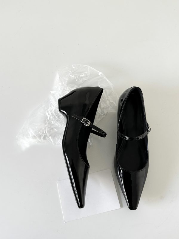 French Style One-Strap Chunky Heel Mary Jane Shoes, Pointed Toe, Shallow Mouth, Sheepskin Commuting High Heels
