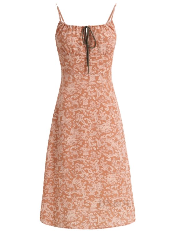 French-Style Orange Women's Dress with Straps, Printed, Elegant Vacation Look for Summer 2025